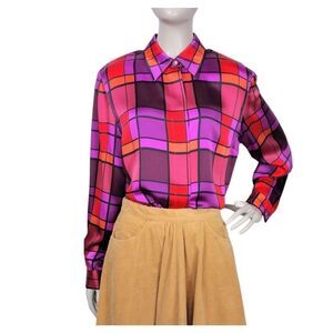 Vintage 100% Silk Jewel Tone Plaid Bold Check Button-Down Blouse 80s Starington